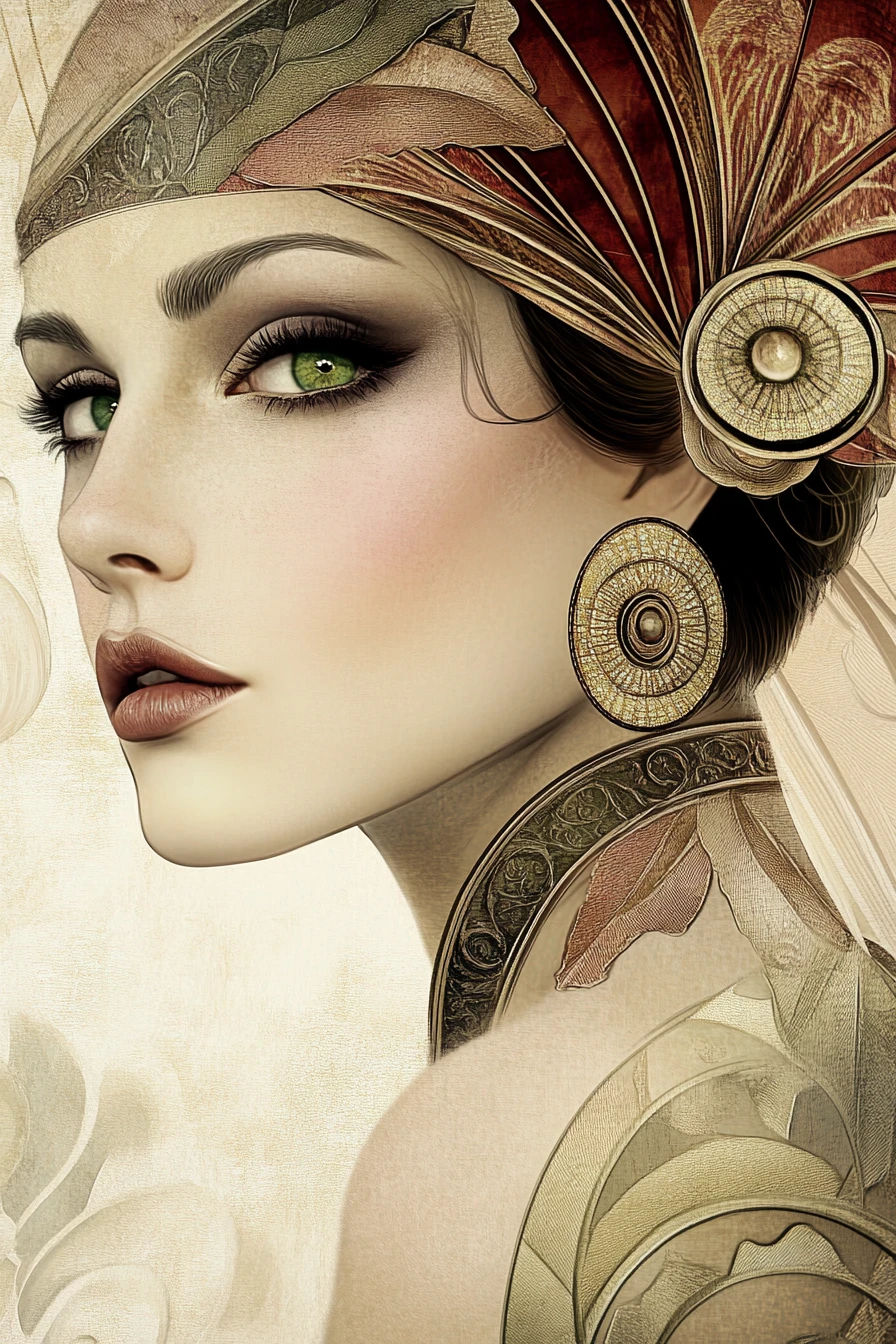 Retrato digital ornamentado de una mujer con tocado estilizado