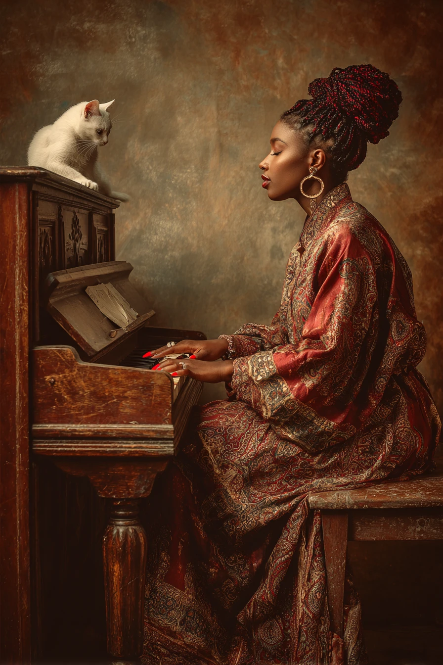 Mujer elegante con trenzas rojas tocando el piano con un gato blanco
