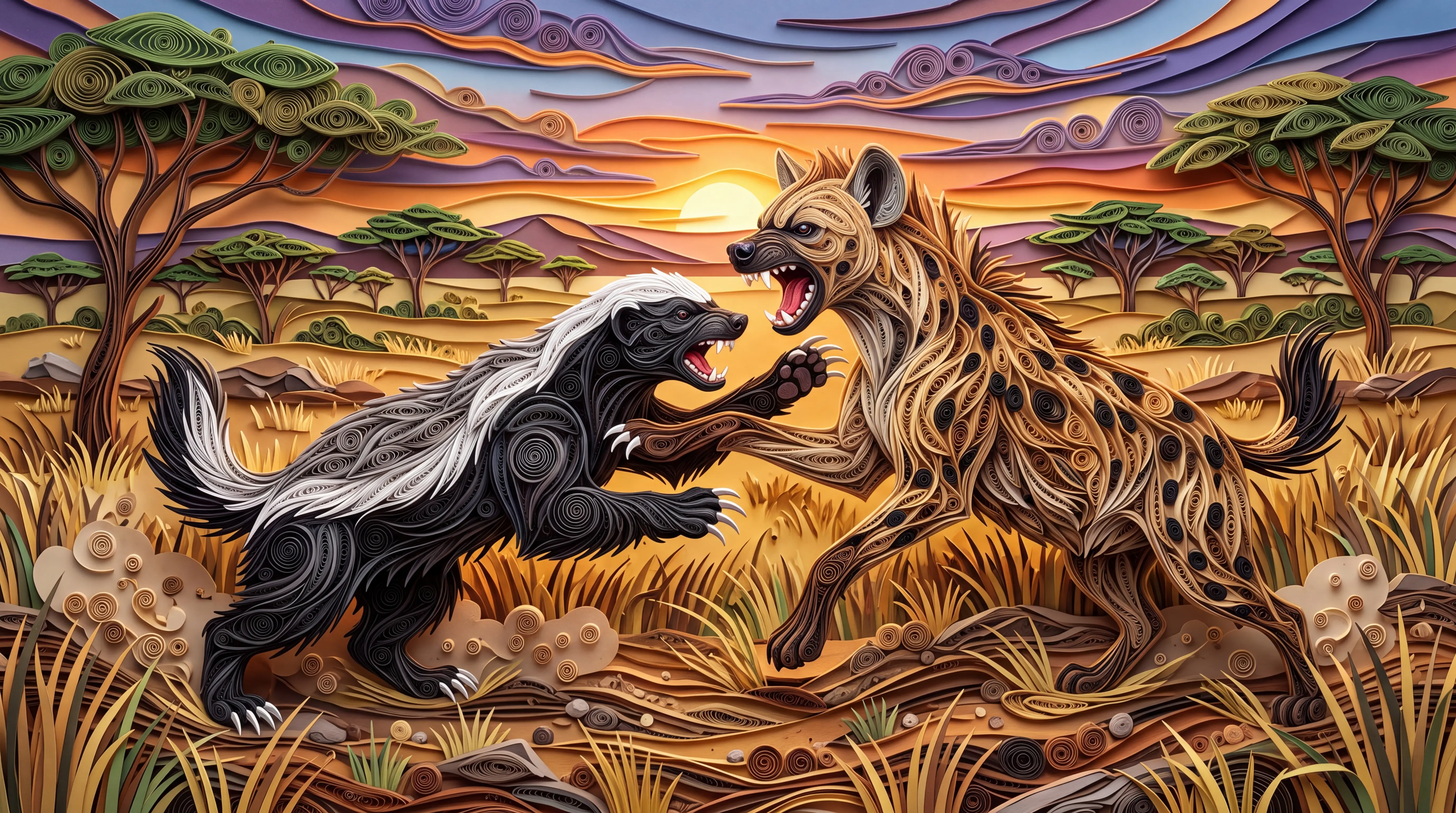 Honey badger battling hyena on stylized African savannah