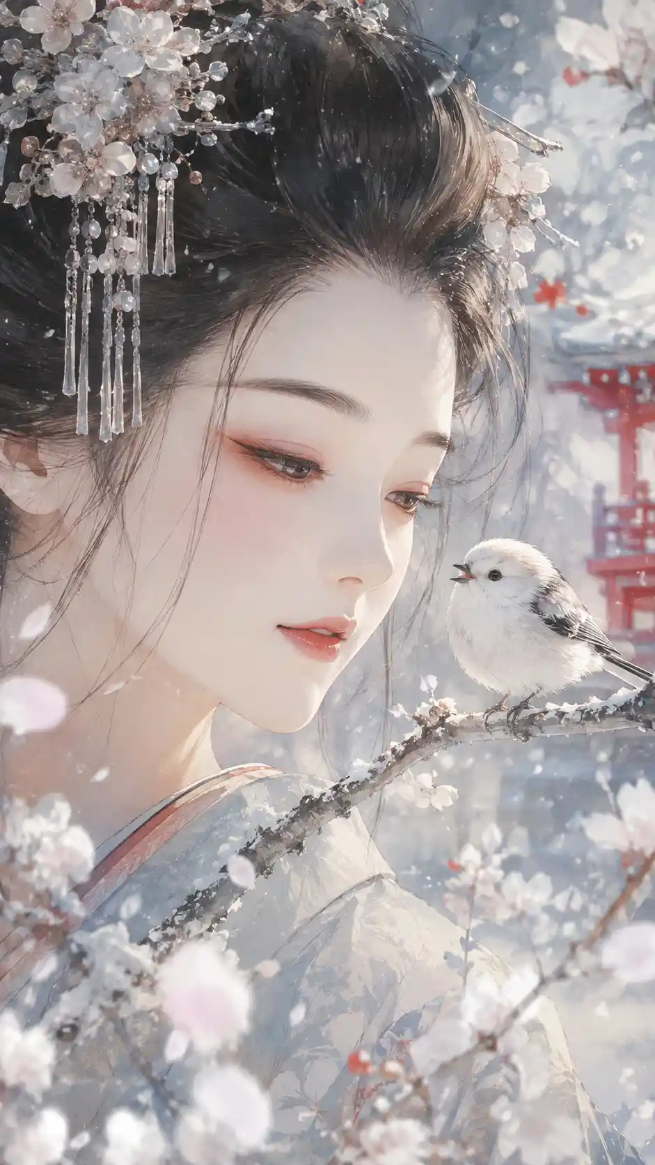 Japanisches Mädchen und Shima-Enaga in sanfter Winter-Aquarellmalerei