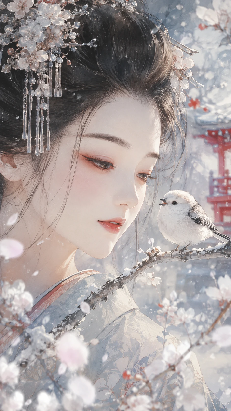 Chica japonesa y shima enaga en acuarela invernal suave