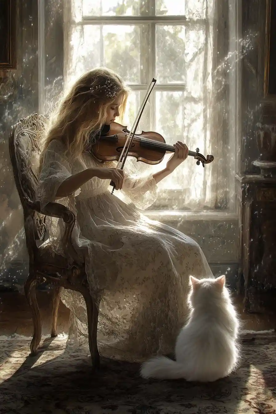 Joven tocando el violín junto a una ventana iluminada por el sol