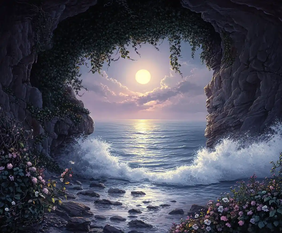 Grotte marine au clair de lune avec arche encadrant la lune montante