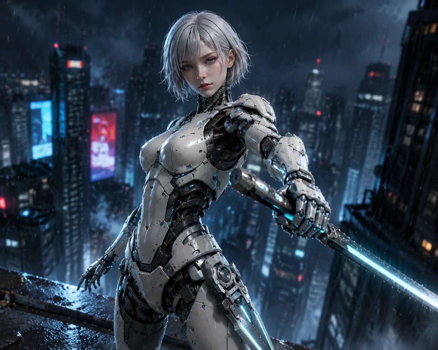 Androide femenina en rascacielos empapado por la lluvia en ciudad futurista