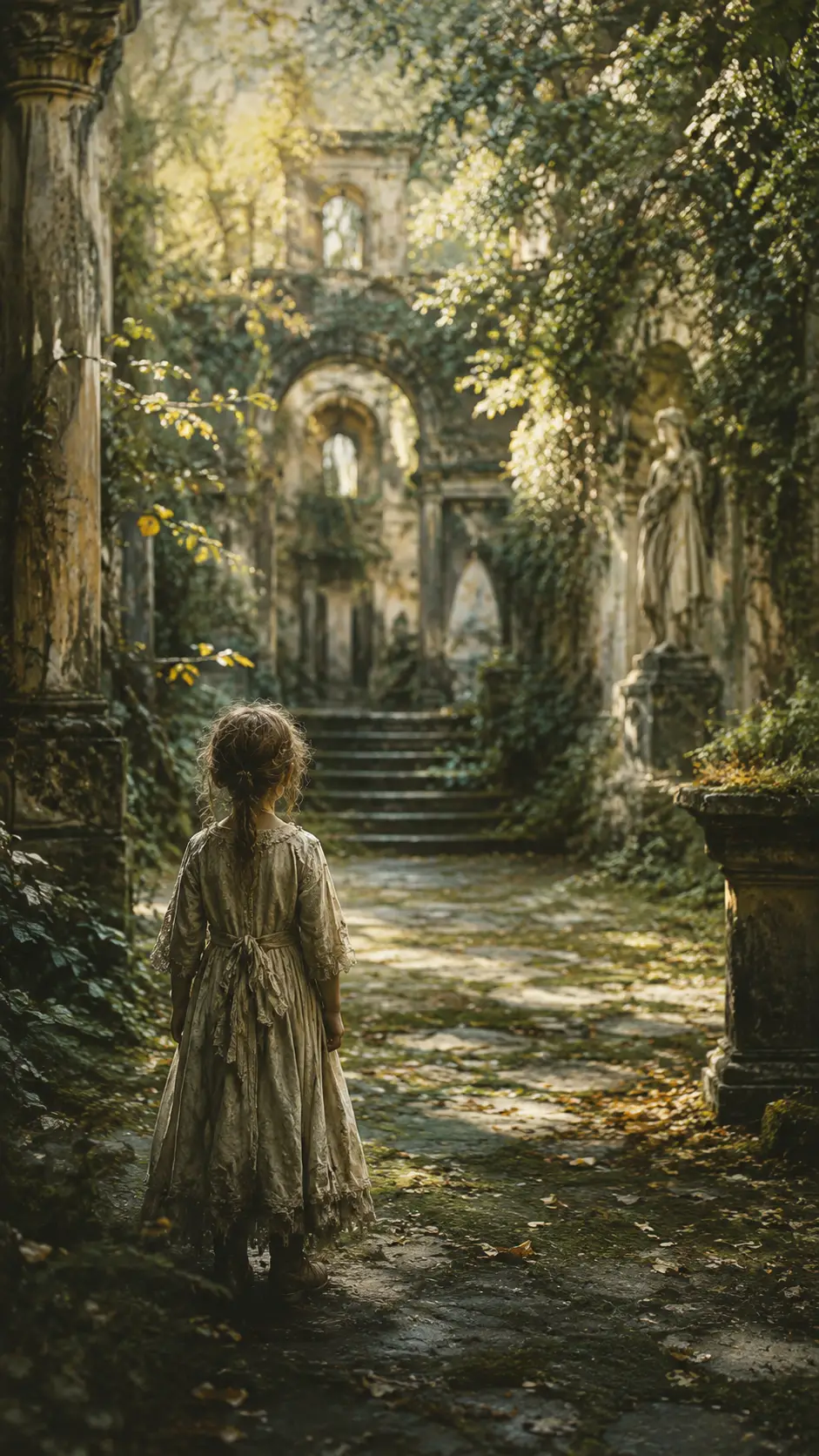 Lonely child in antique dress in overgrown stone courtyard