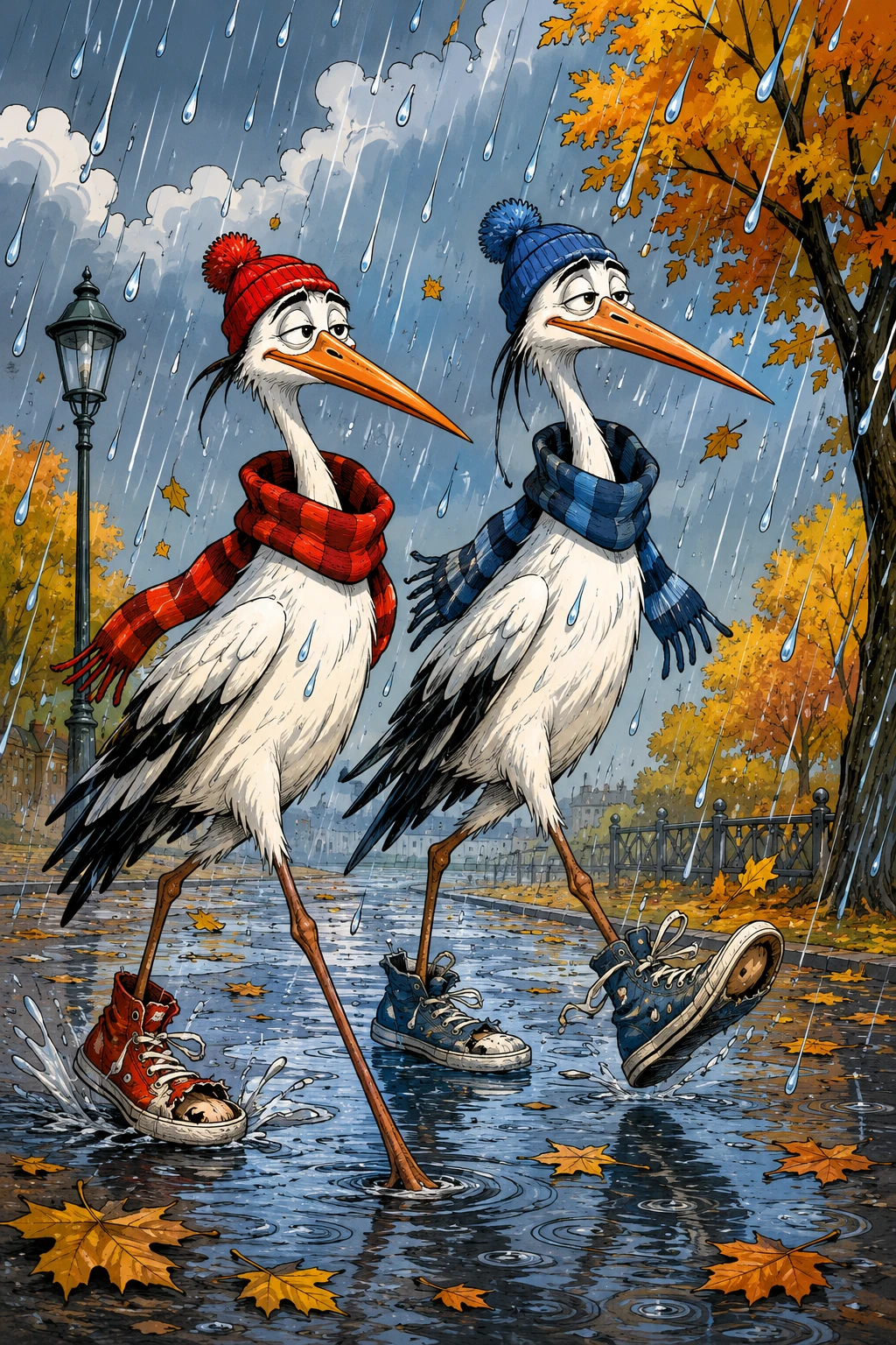 Garza caricaturesca y juguetona caminando entre charcos de lluvia otoñal