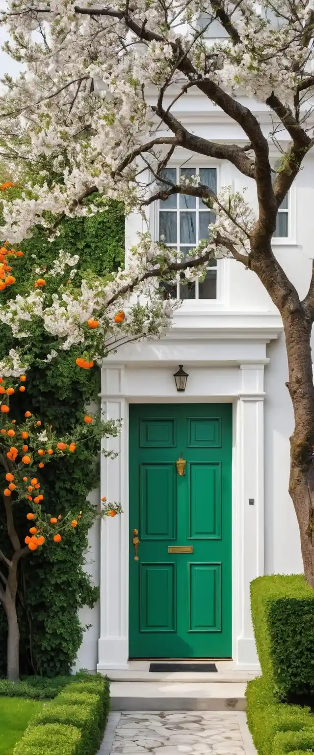 Árbol en flor que cubre la fachada minimalista de una casa blanca
