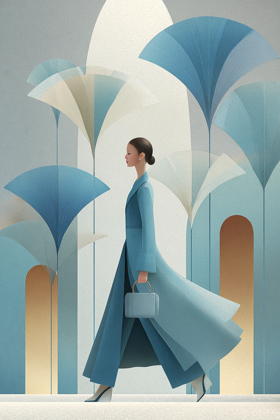 Mujer elegante con abrigo azul caminando entre una decoración surrealista