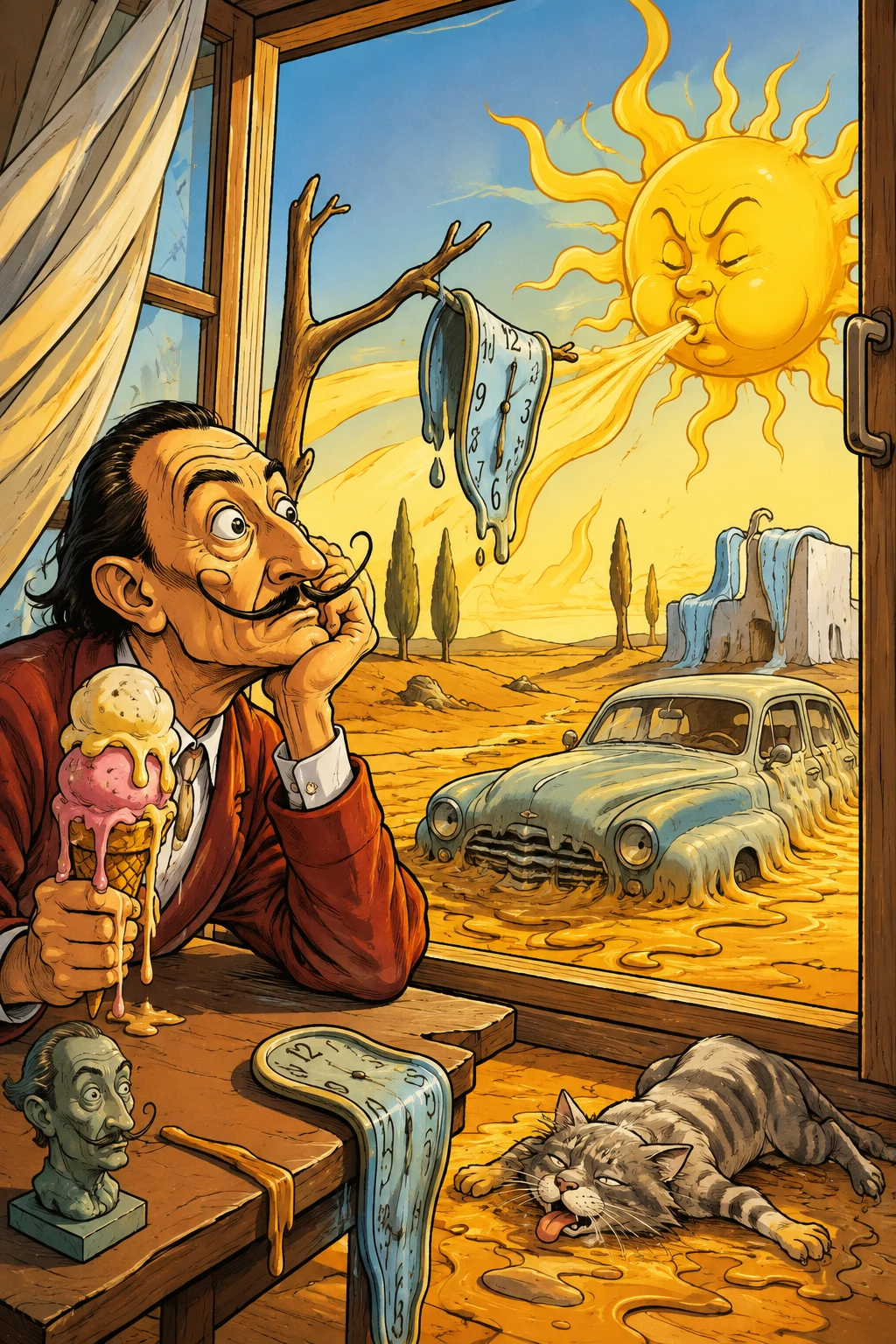 Vista a fumetto di una calda e polverosa strada d’agosto