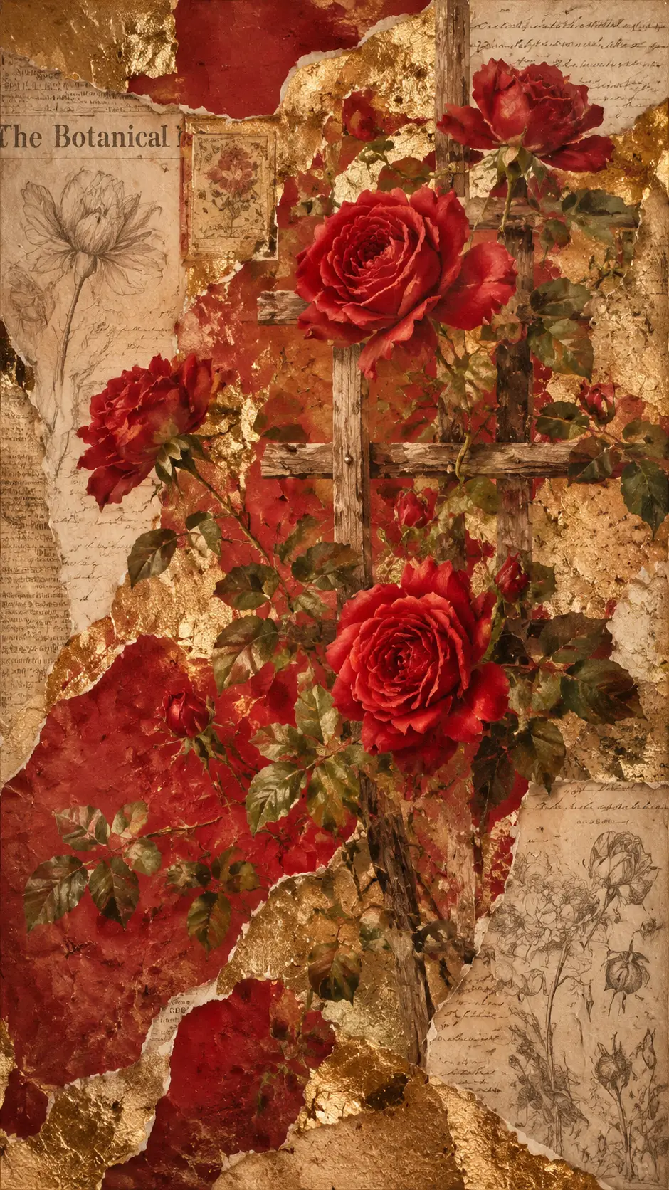 Rosas trepadoras rojas en enrejado con collage de papel vintage