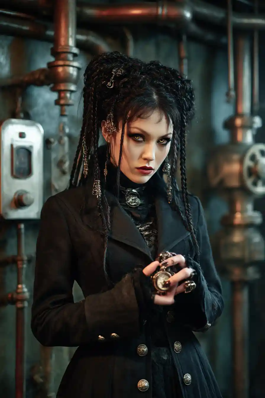 Misteriosa mulher steampunk com tranças e relógio
