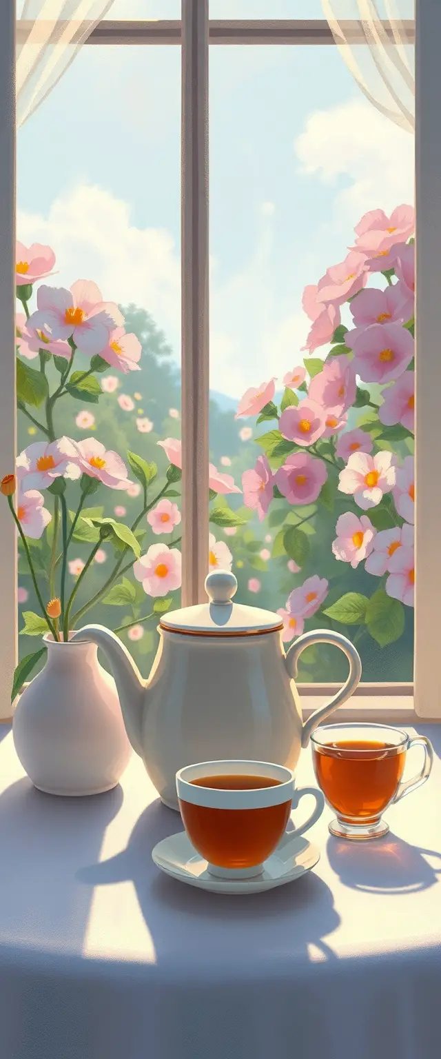 Tarro de miel y taza de té sobre una mesa pastel bañada por el sol
