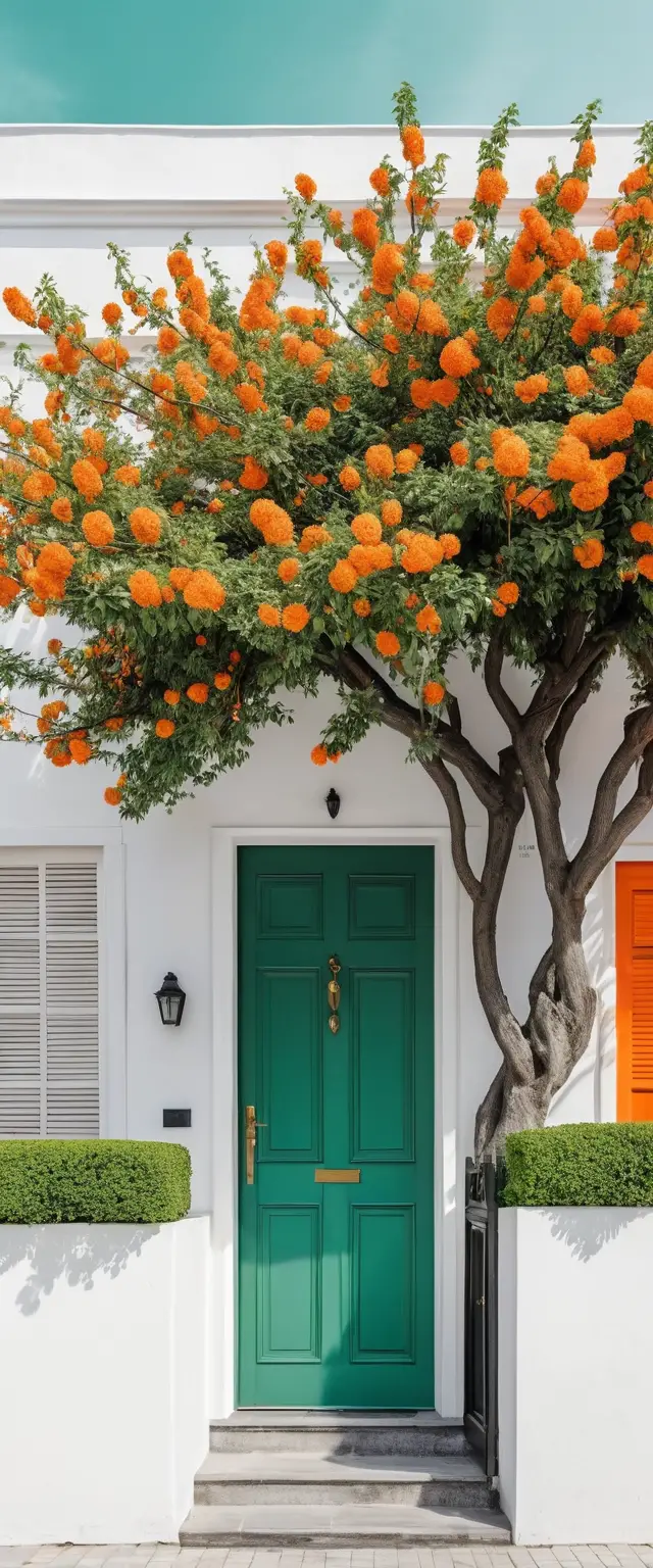 Árbol florecido cubriendo la fachada de una casa blanca minimalista