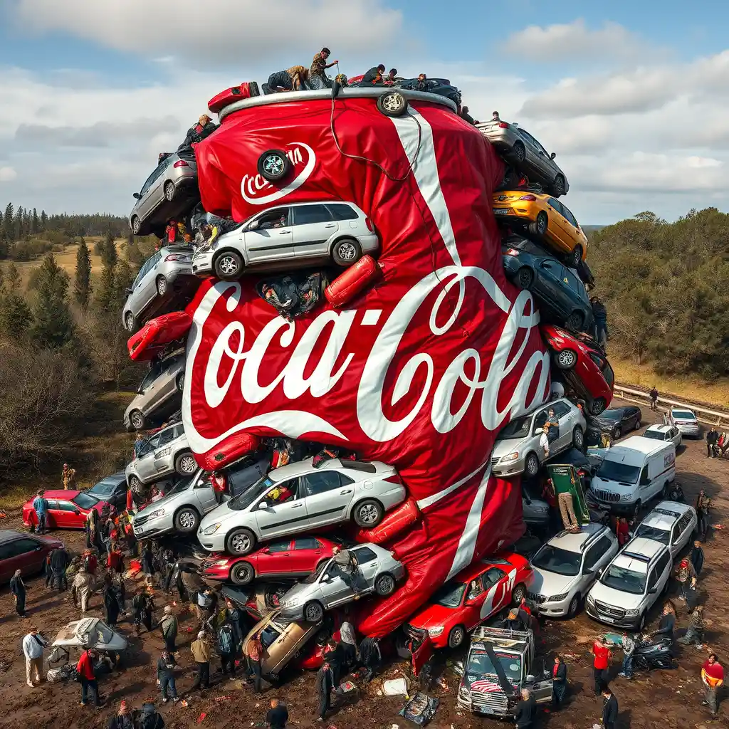 Canette de Coca-Cola surréaliste formée de voitures écrasées et de personnes