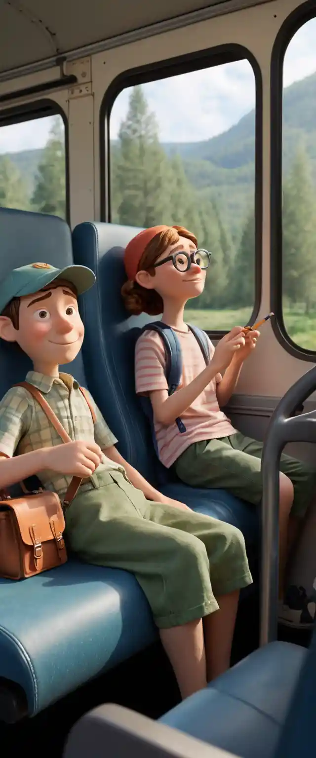 Tiny clay forest folk traveling in a cozy summer bus