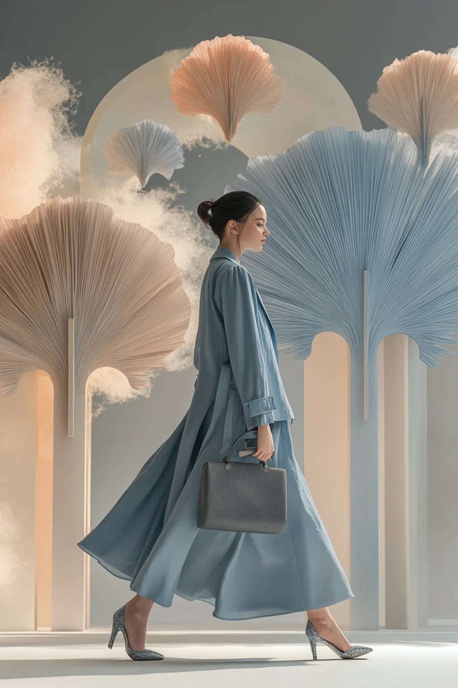 Mujer con abrigo azul caminando entre escena surreal de arcos