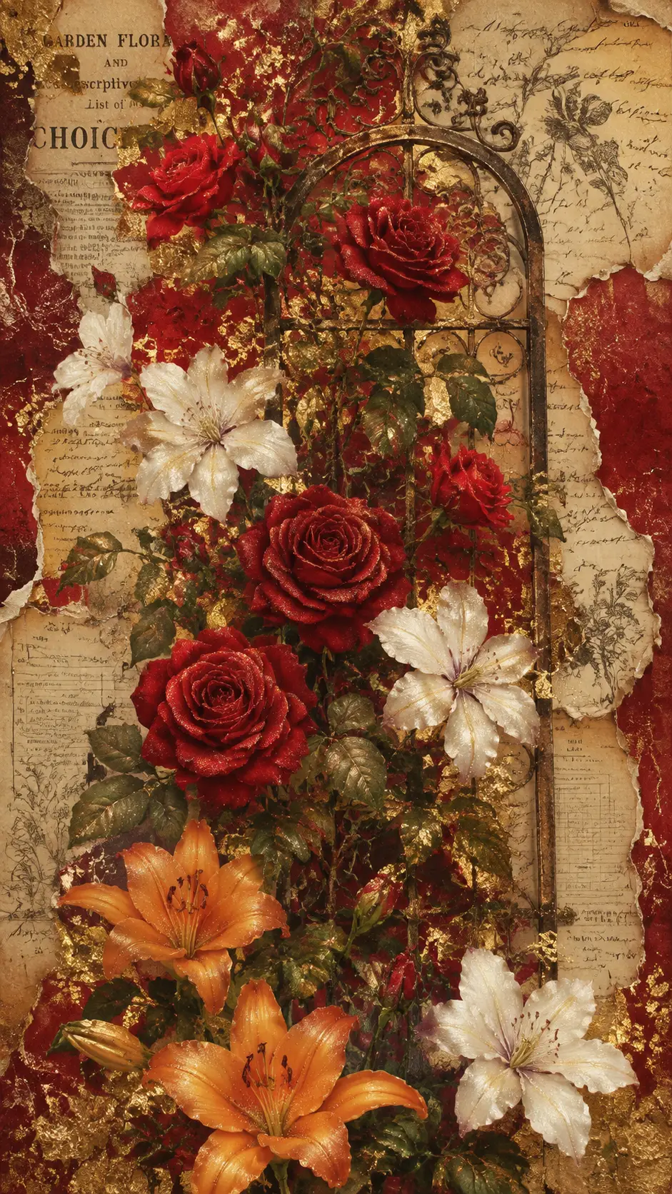Rosas trepadoras rojas con clemátides blancas en collage vintage
