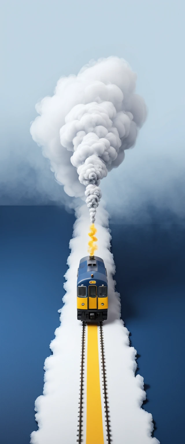 Treno in miniatura in uno spazio blu nebbioso con fumo soffice