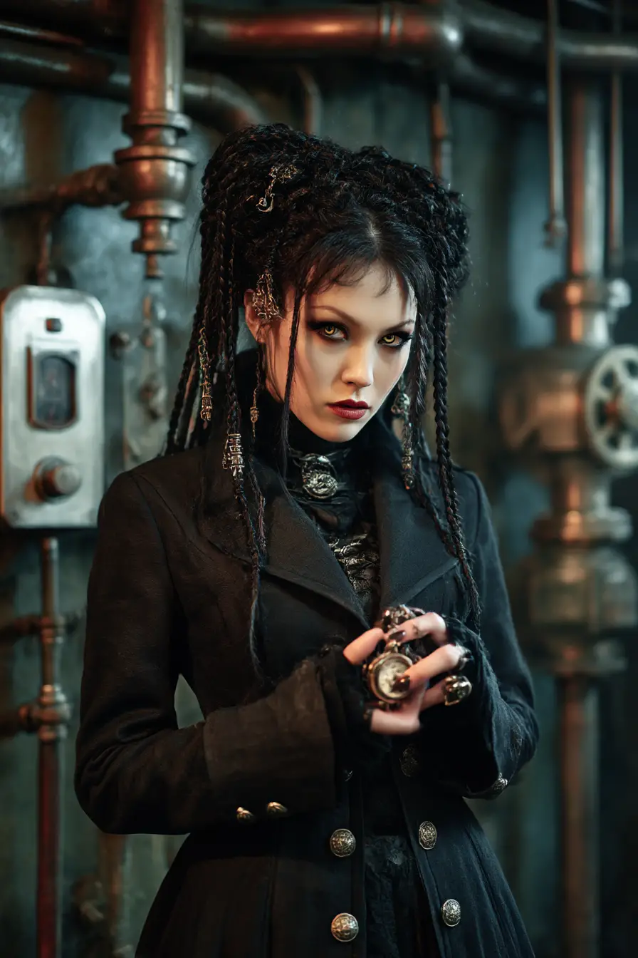 編髮與懷錶的神祕蒸汽龐克女子