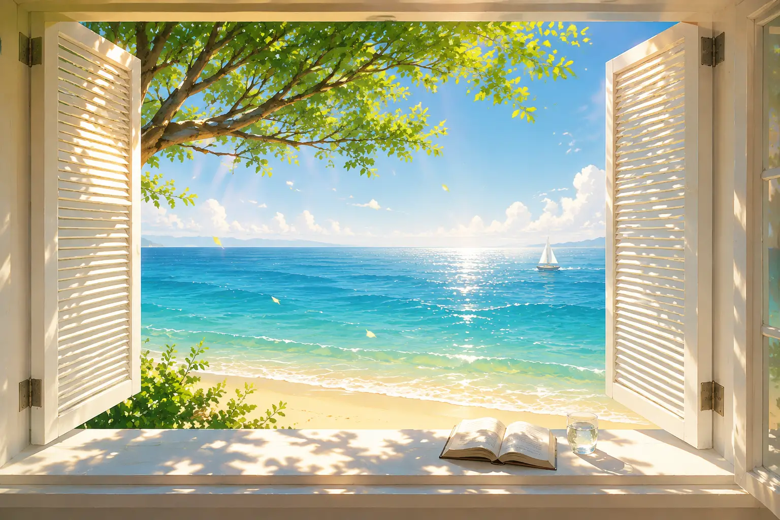 Vista desde una ventana abierta a una serena mañana de playa turquesa