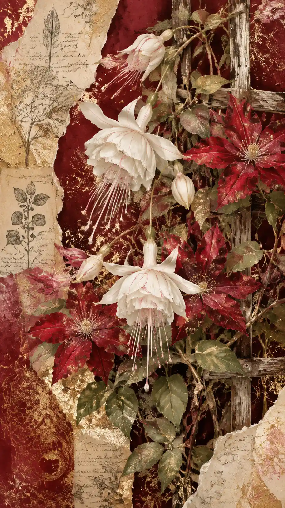 Fucsia blanca y clemátide roja en collage vintage de técnica mixta