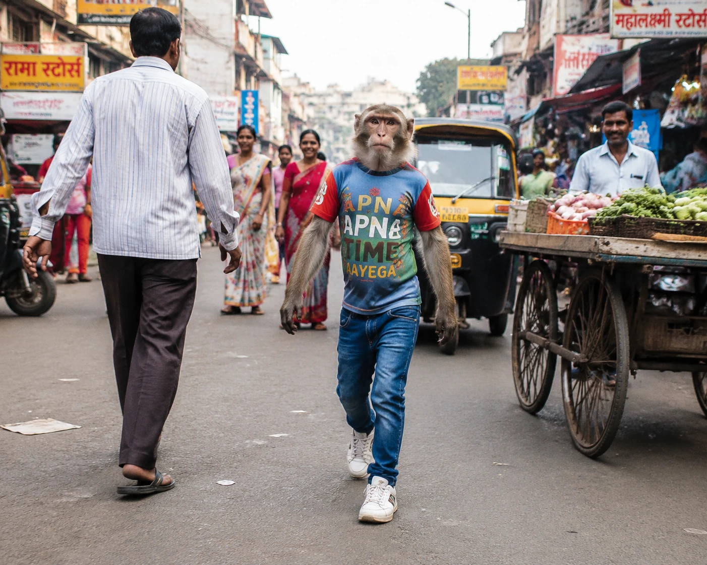 Mono caminando erguido por un concurrido mercado callejero de la India