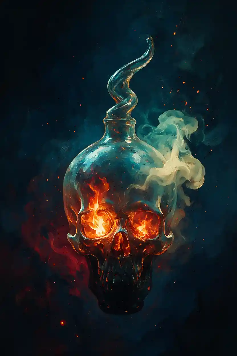 Botella de calavera de vidrio surrealista que brilla con una llama interior