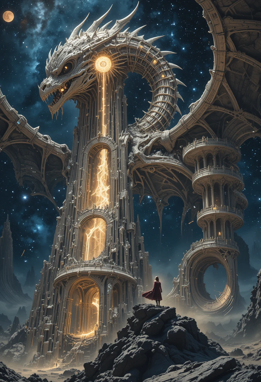Faro cósmico construido dentro de un colosal esqueleto de dragón