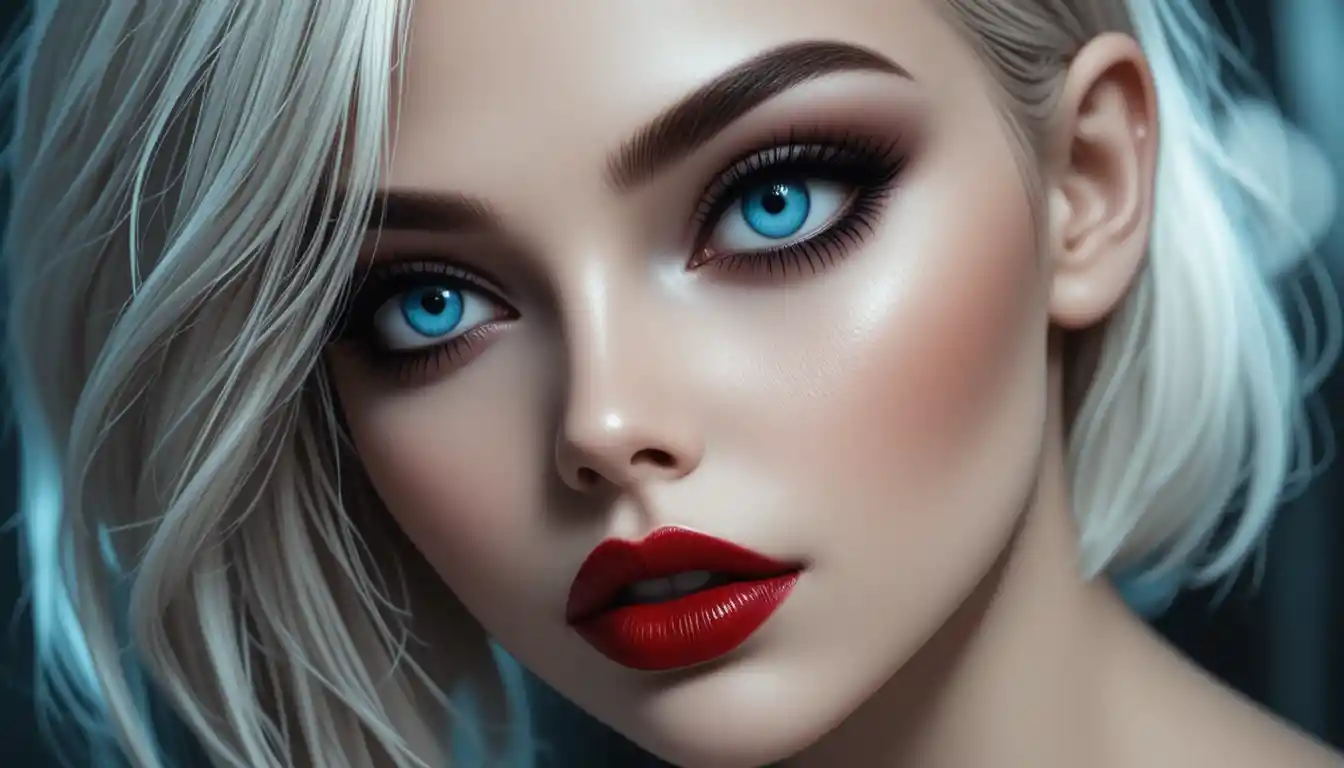 Primer plano de mujer con llamativos ojos azules de inspiración felina