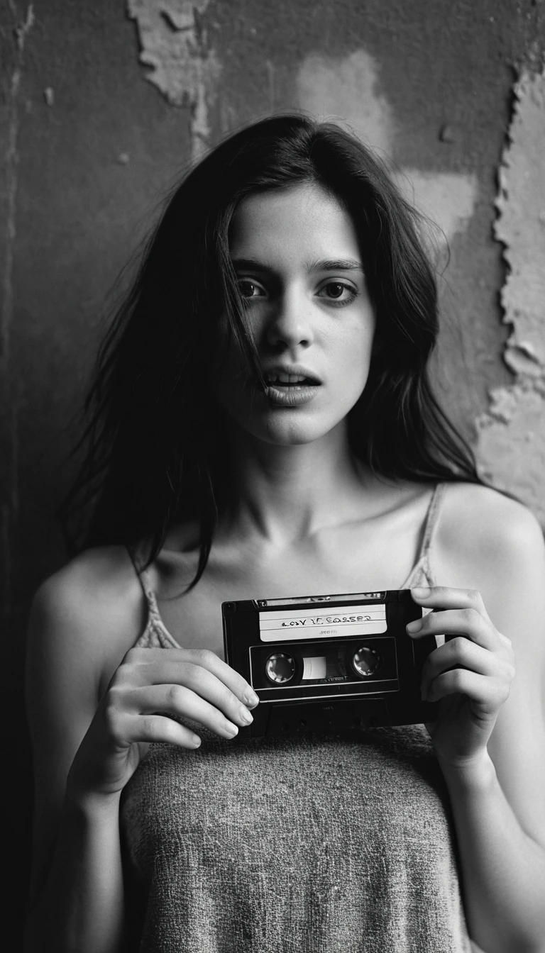 Mujer gritando detrás de un casete en blanco y negro