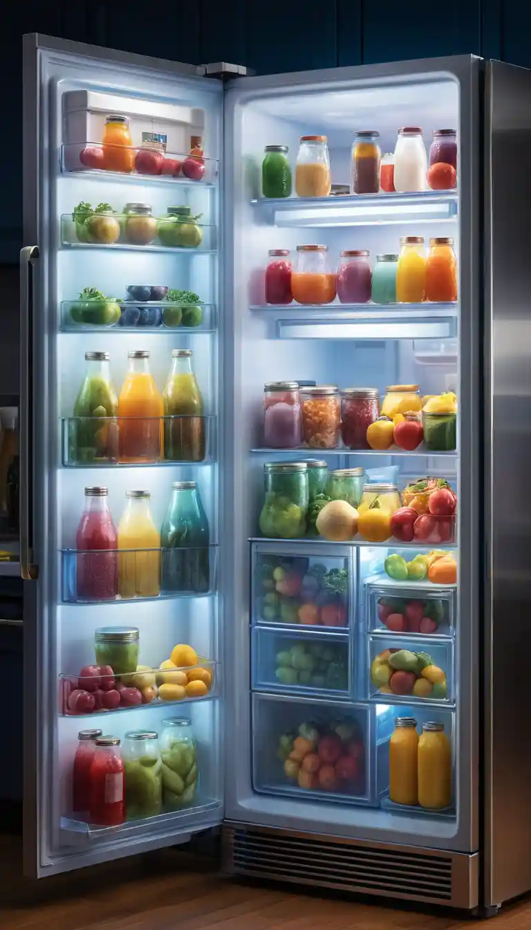 Refrigerador abierto que revela una ciudad en miniatura iluminada en su interior