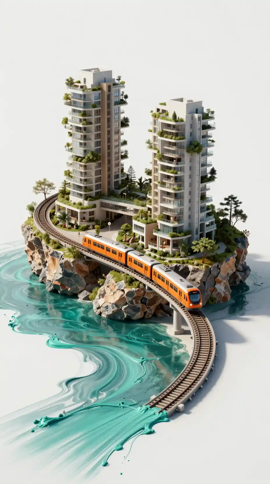 Surrealer moderner Gebäudekomplex, der aus einer türkisfarbenen Farbriver aufragt