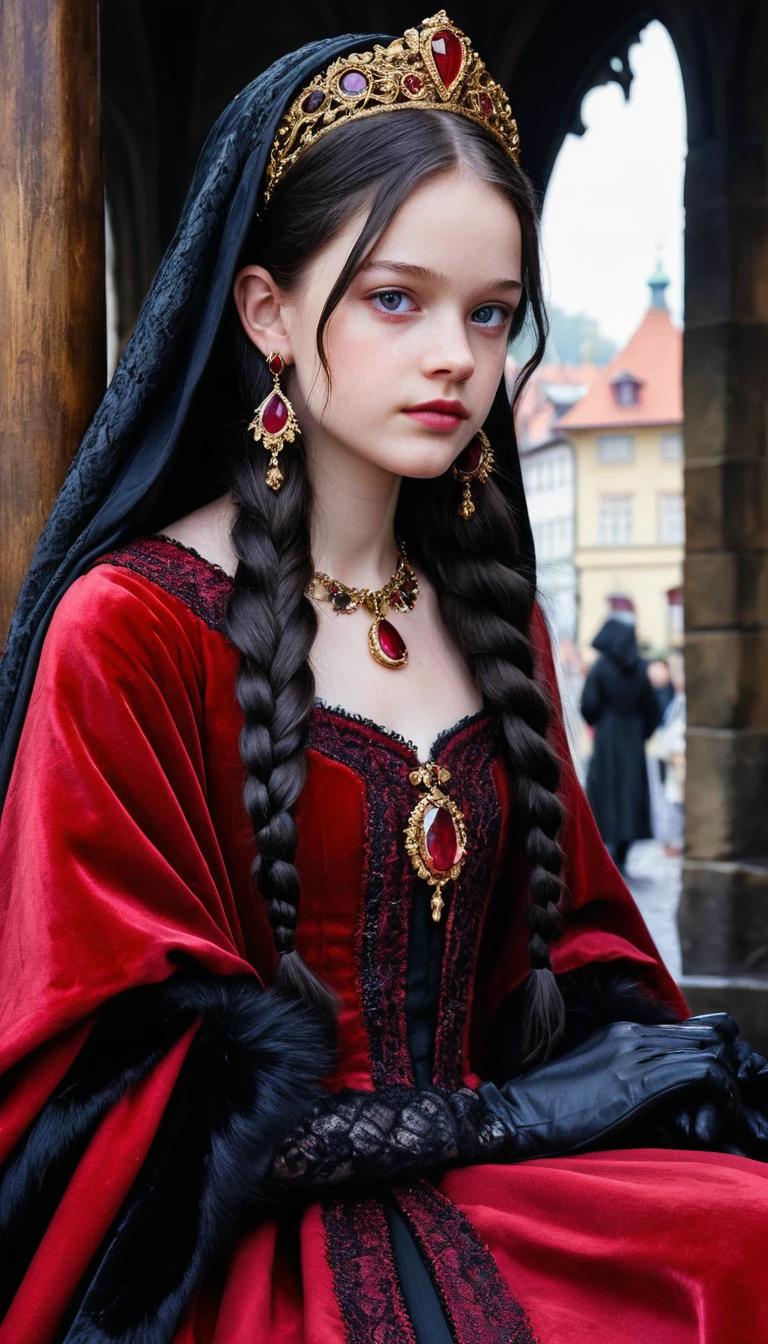Young noble girl in velvet approaching an ornate throne