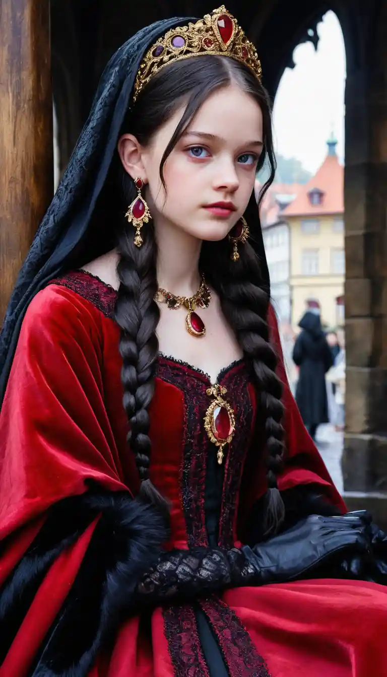 Young noble girl in velvet approaching an ornate throne