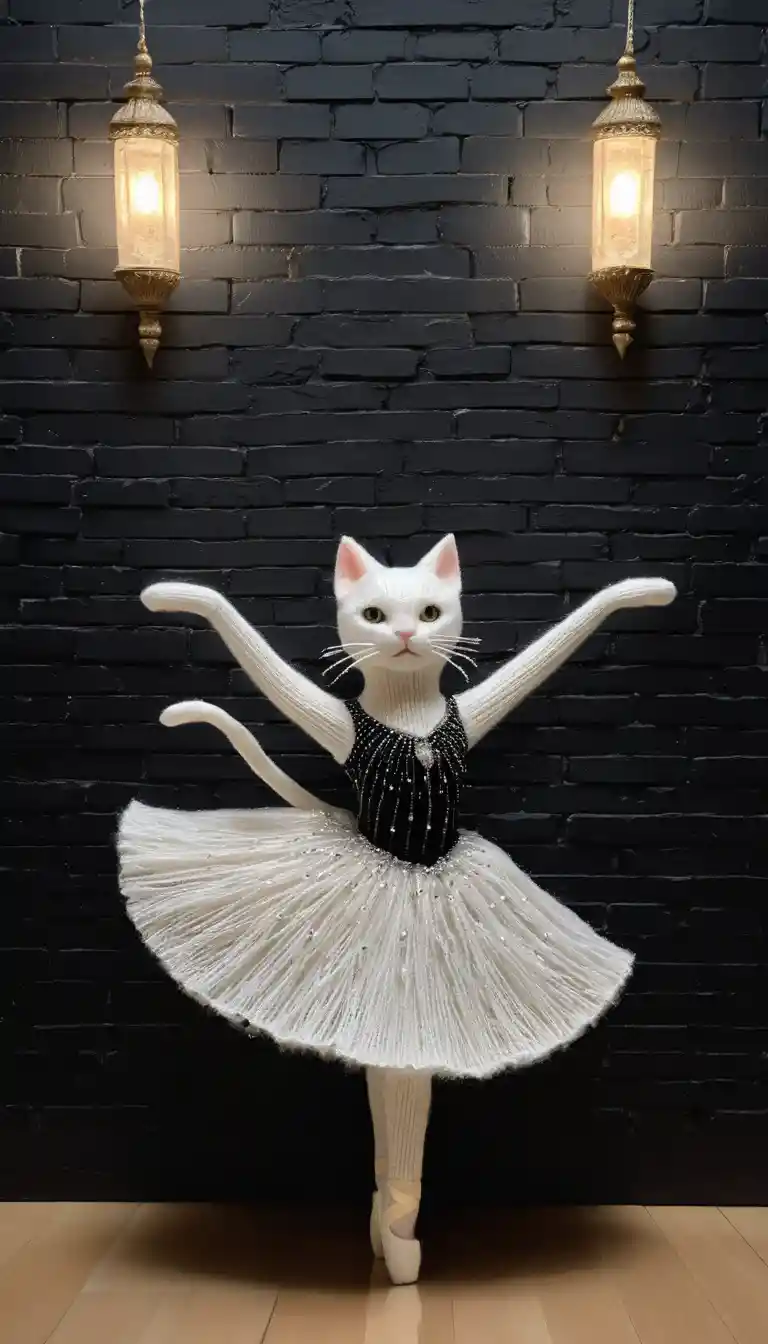 Weiße gestrickte Katzenballerina auf einer schwach beleuchteten Bühnenrampe