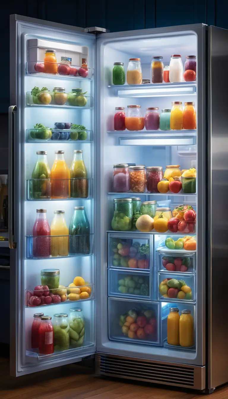 Refrigerador abierto que revela una ciudad en miniatura iluminada en su interior