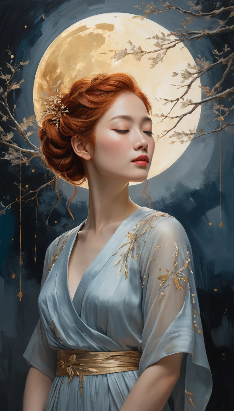 Ethereal red haired woman before a glowing golden moon