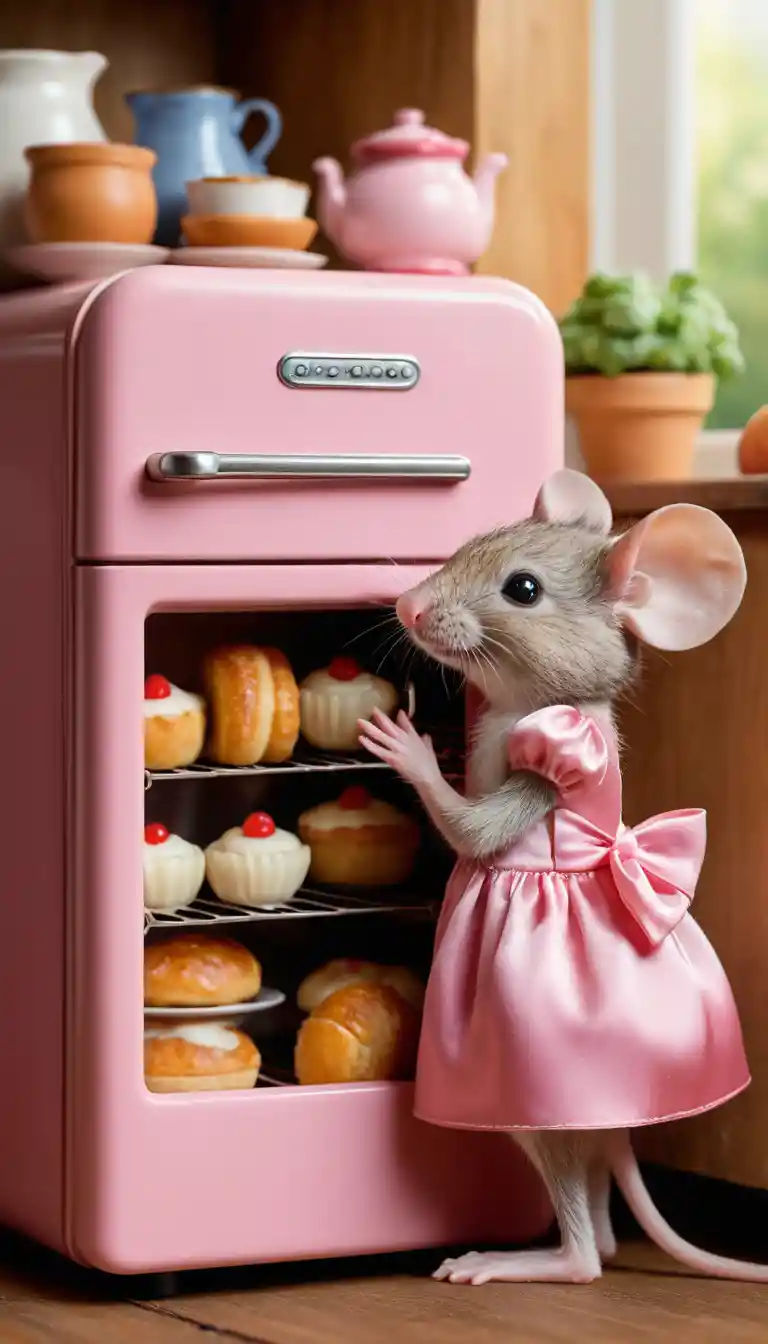 Süße winzige Maus, die in einem pinken Kühlschrank isst