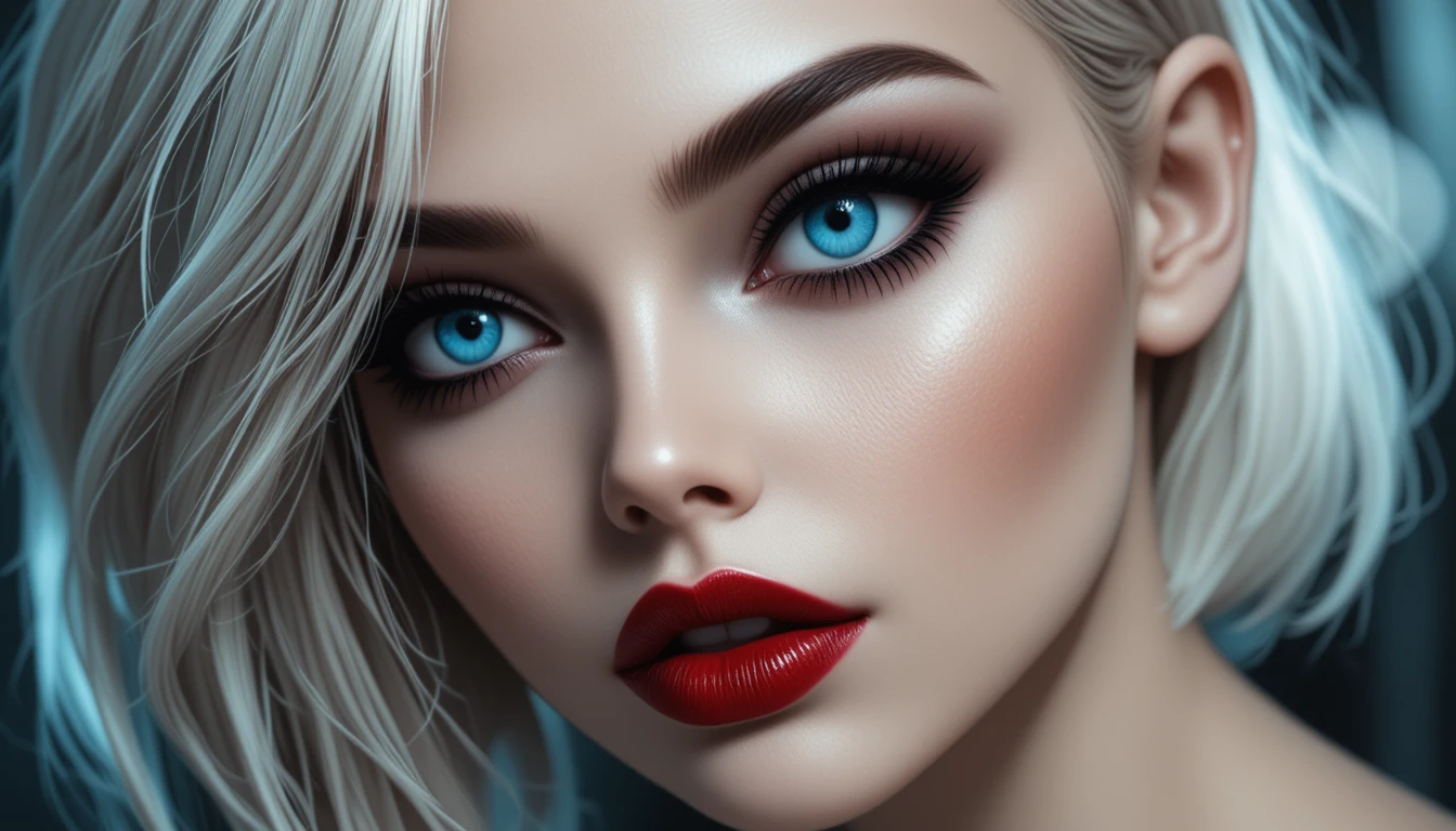 Primer plano de mujer con llamativos ojos azules de inspiración felina