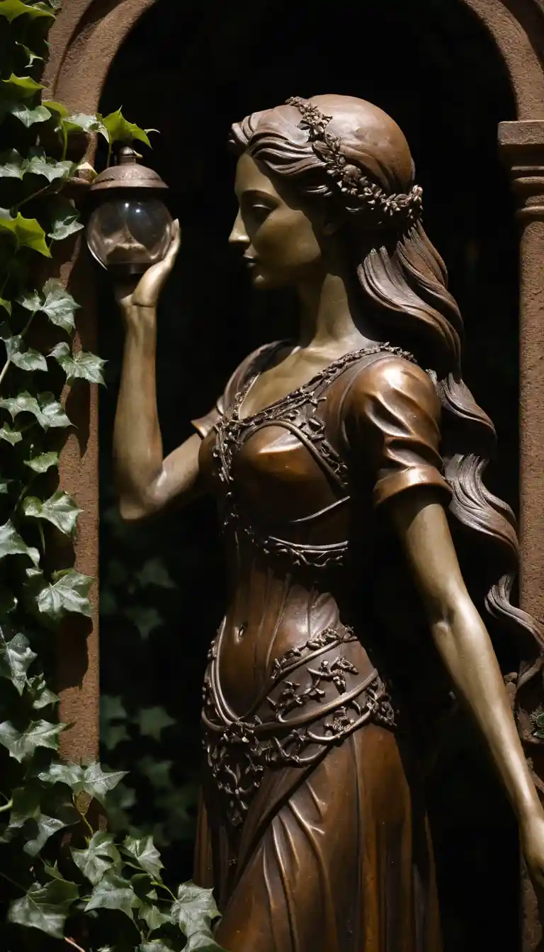 Surreal woman with hourglass form in dark abstract ivy