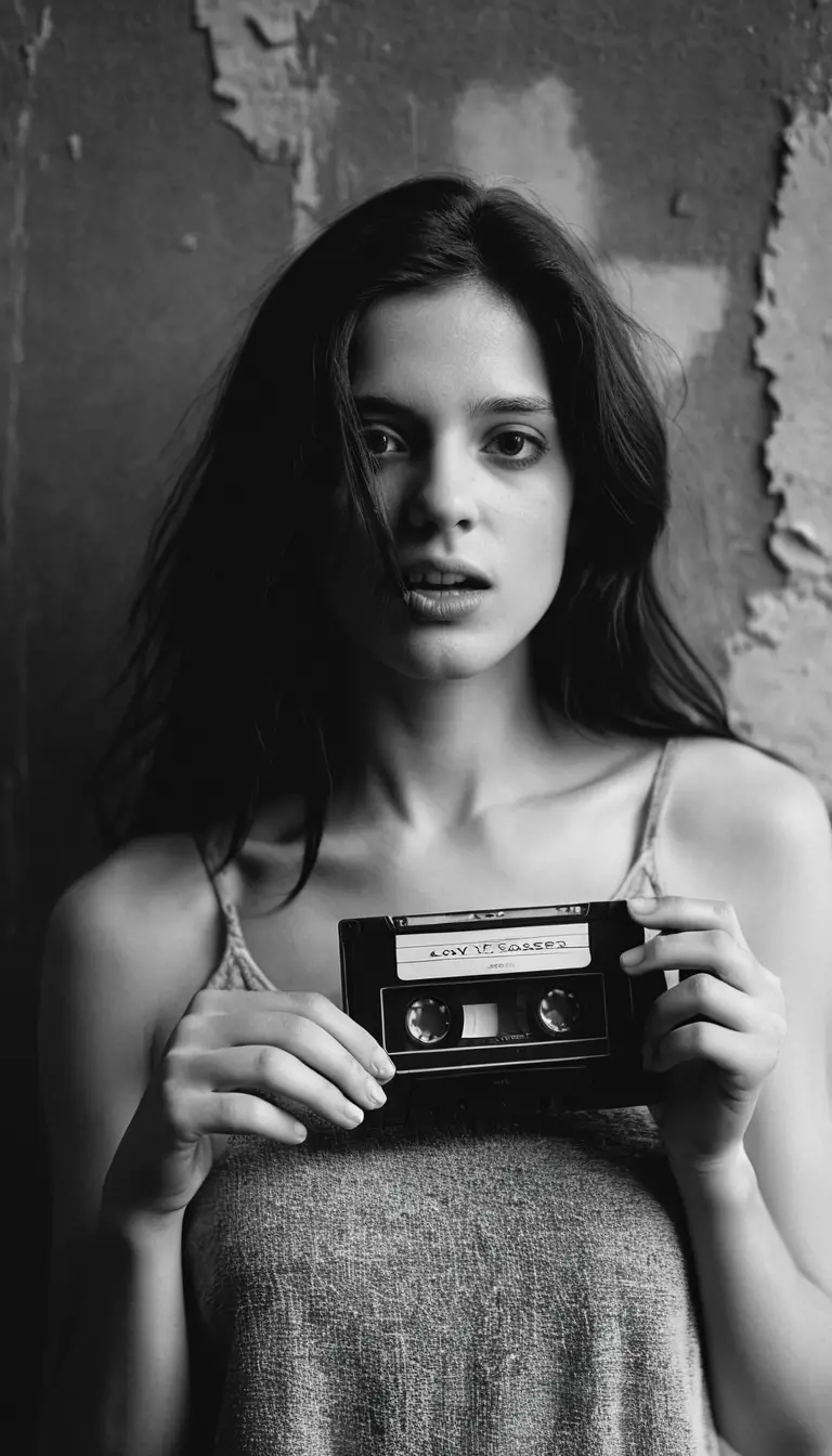 Woman screaming behind cassette tape in black and white