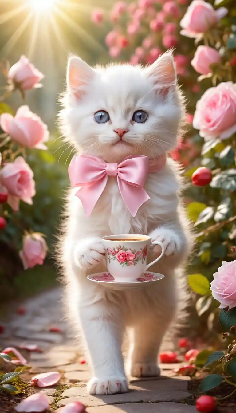Tiny white kitten with coffee on a pink rose path