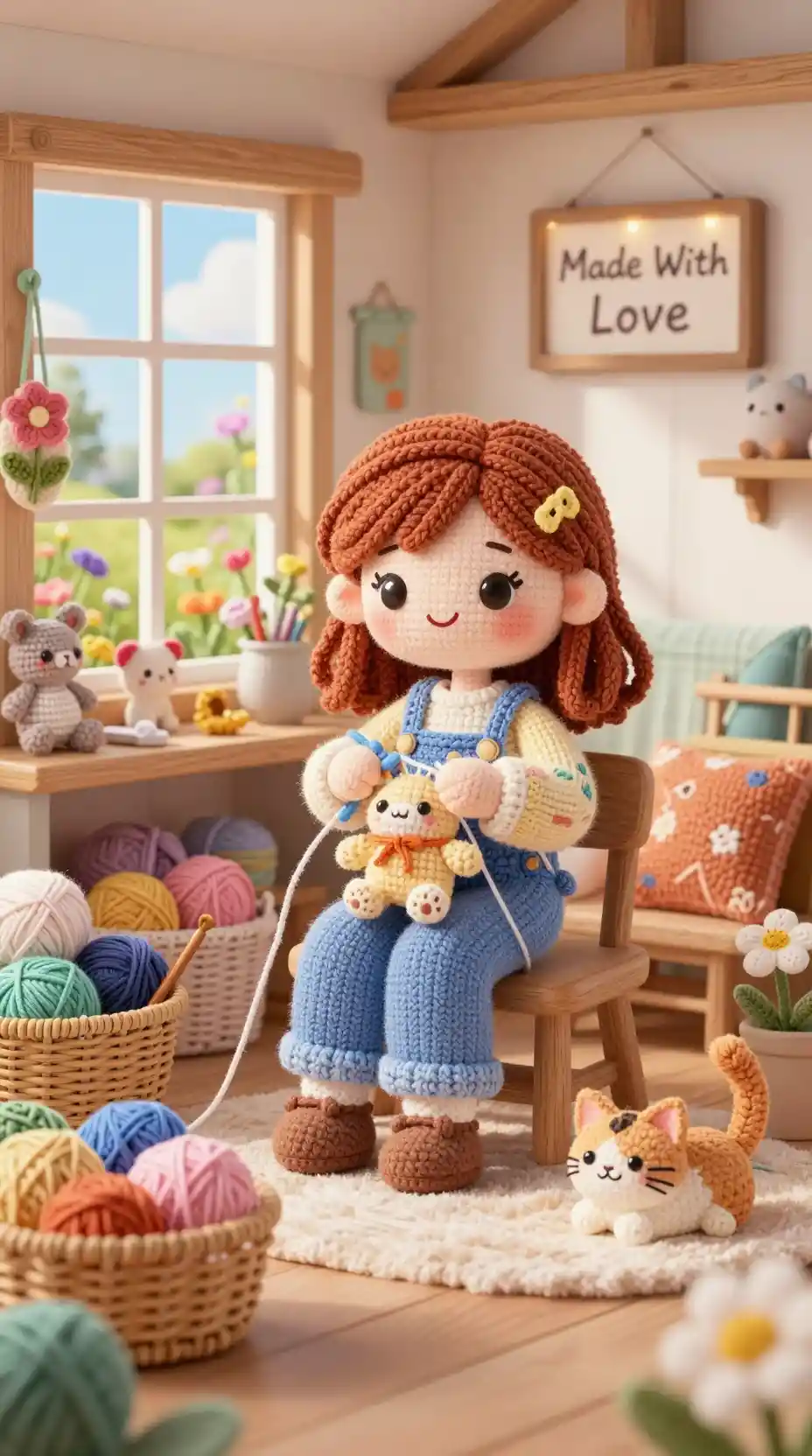 Ragazza kawaii che fa uncinetto in un accogliente cottage creativo pastello