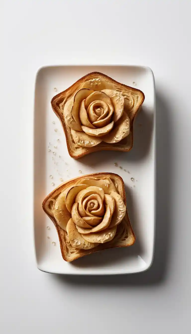 Künstlerischer Toast in Rosenform neben Kaffee auf weißem Hintergrund