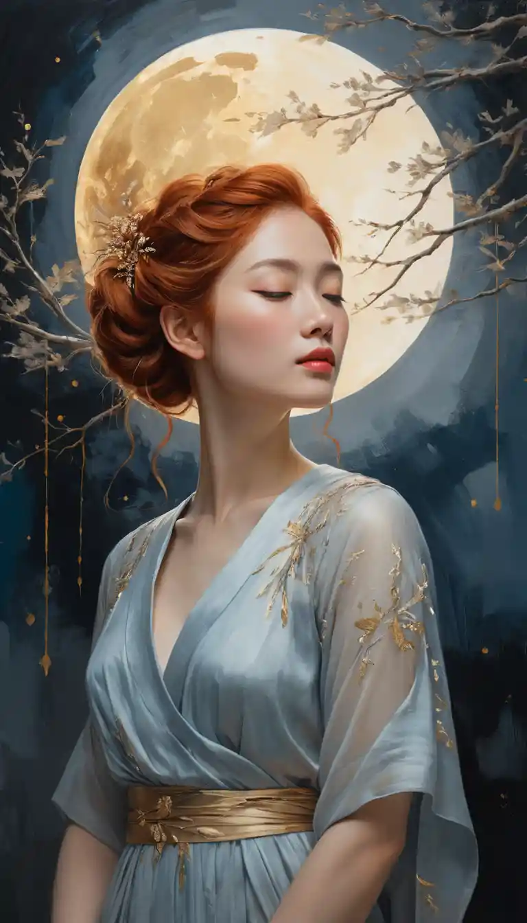 Ethereal red haired woman before a glowing golden moon