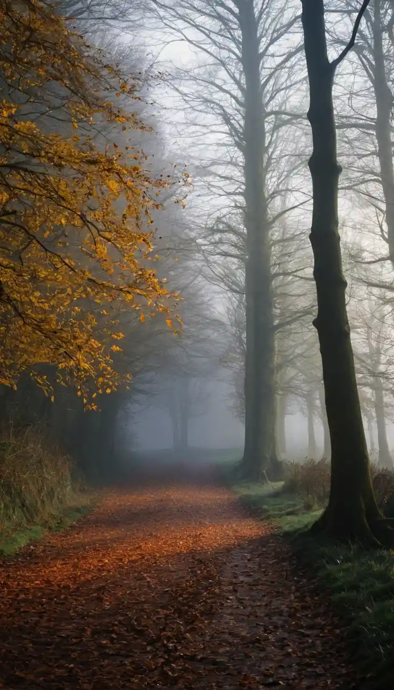 Foresta autunnale sotto un cielo grigio con oche migratrici in lontananza