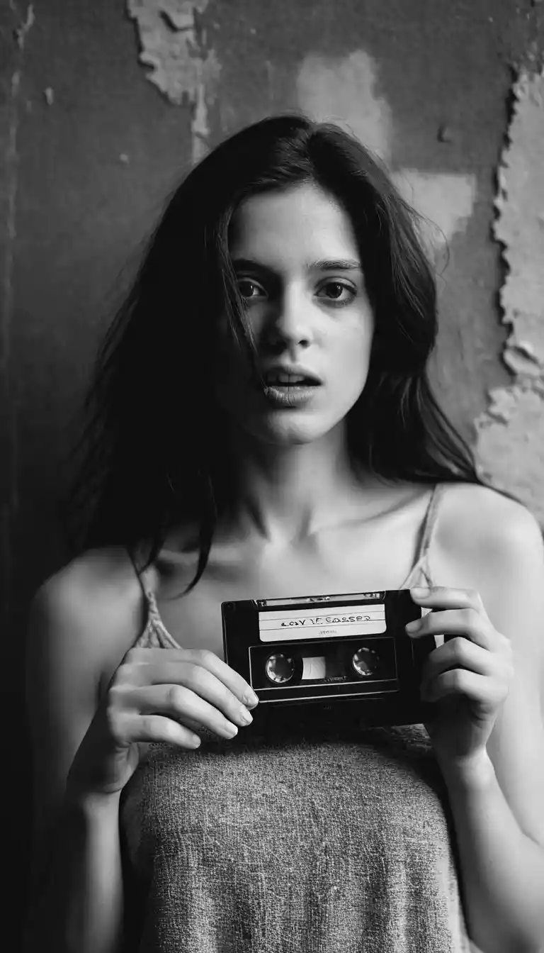 Mujer gritando detrás de un casete en blanco y negro