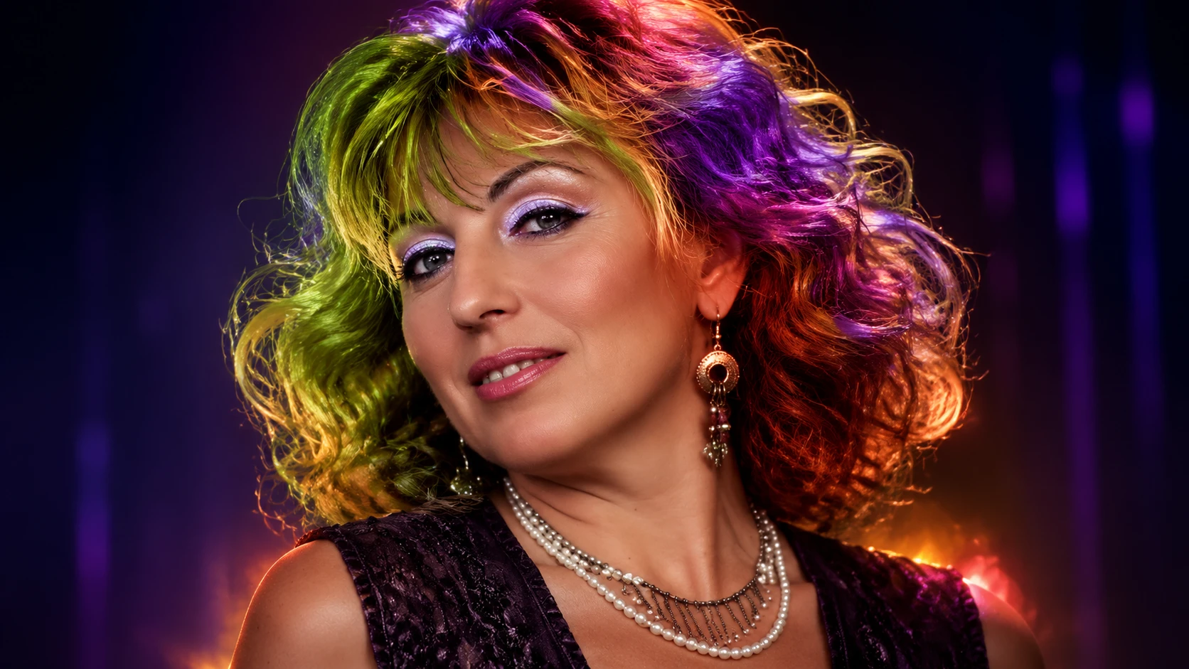 Retrato neón de una mujer con cabello iridiscente tipo caramelo