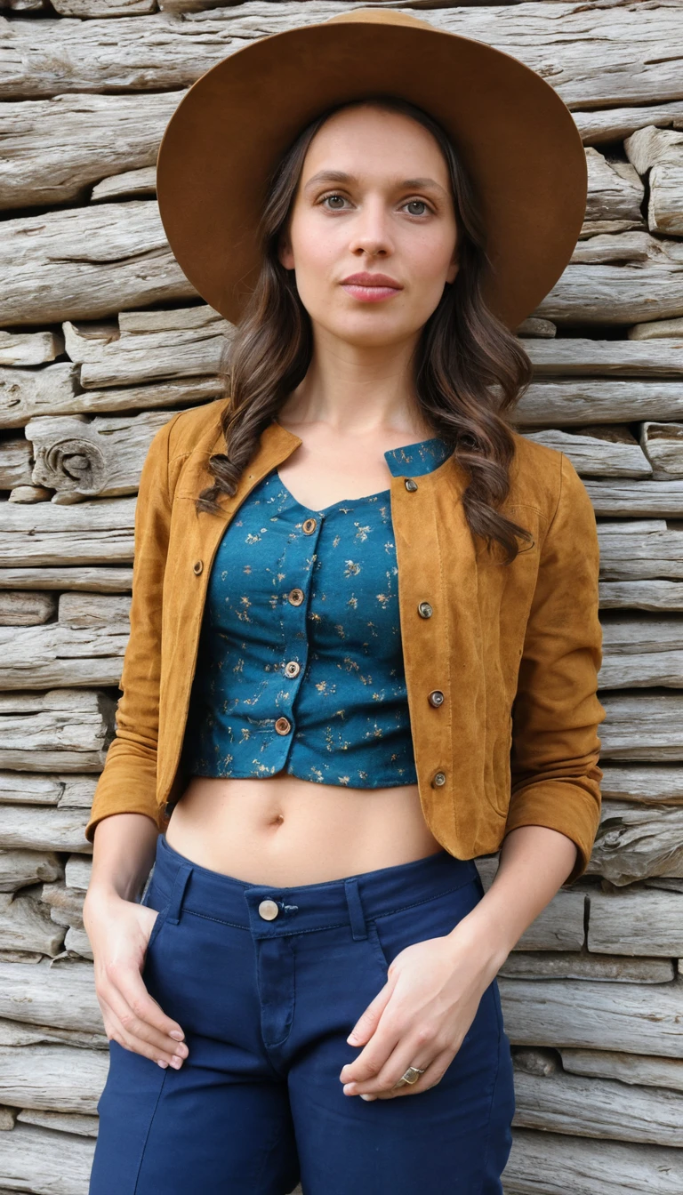 Sensual vaquera morena posando frente a una rústica pared de granero de madera