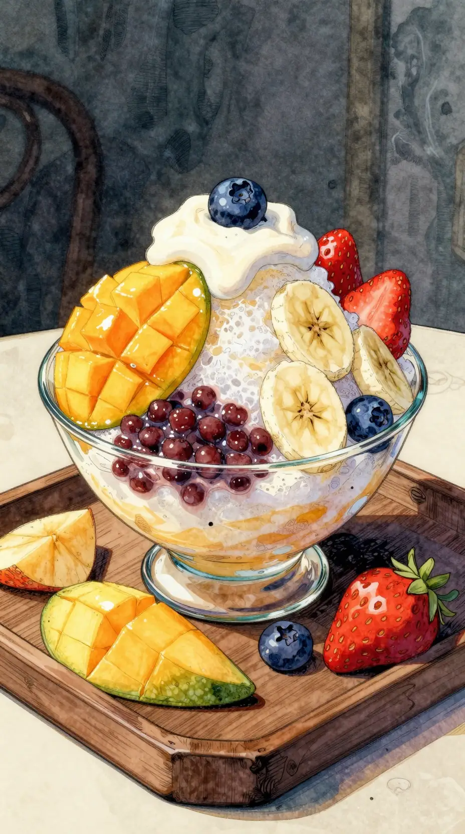 Fuente de postres en acuarela con bingsu tropical en primer plano